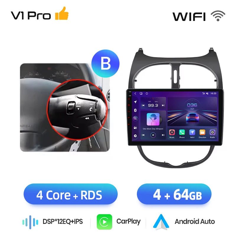 Junsun Android sans fil CarPlay Auto autoradio pour Peugeot 206 206CC 206SW 2001-2008 systèmes intelligents de voiture DSP SWC RDS GPS FM