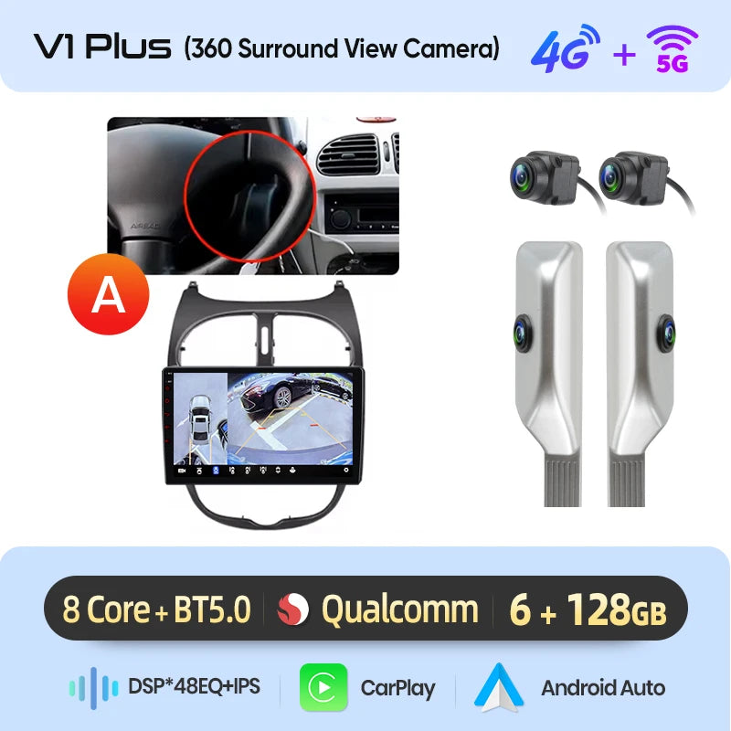 Junsun Android sans fil CarPlay Auto autoradio pour Peugeot 206 206CC 206SW 2001-2008 systèmes intelligents de voiture DSP SWC RDS GPS FM