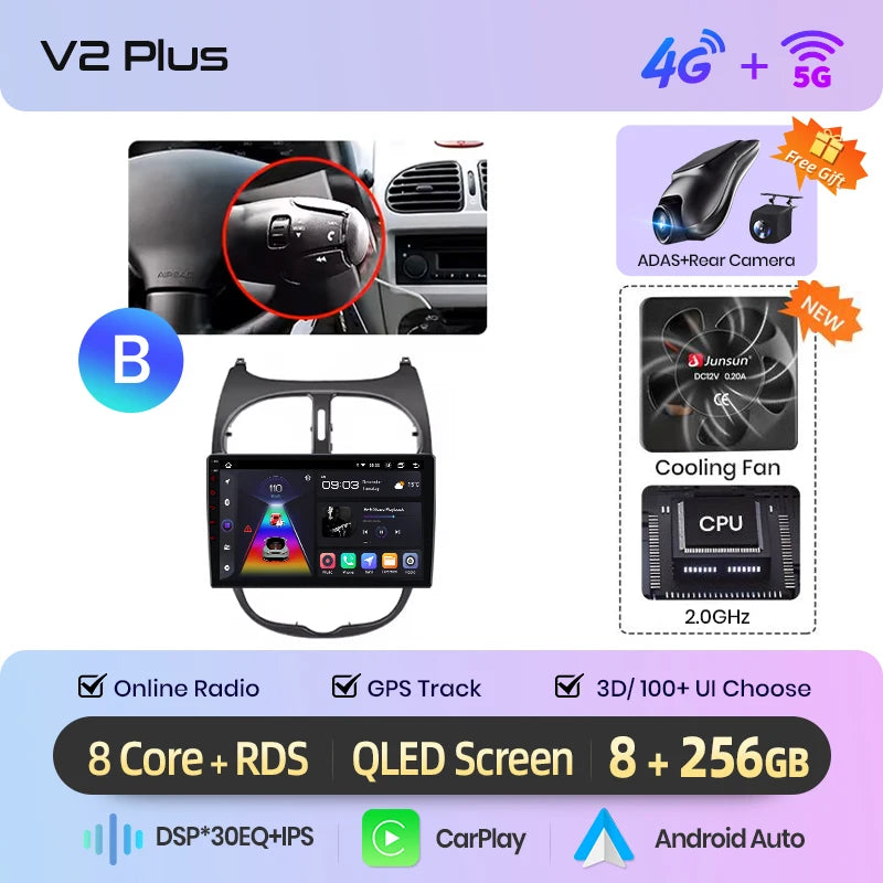 Junsun Android sans fil CarPlay Auto autoradio pour Peugeot 206 206CC 206SW 2001-2008 systèmes intelligents de voiture DSP SWC RDS GPS FM