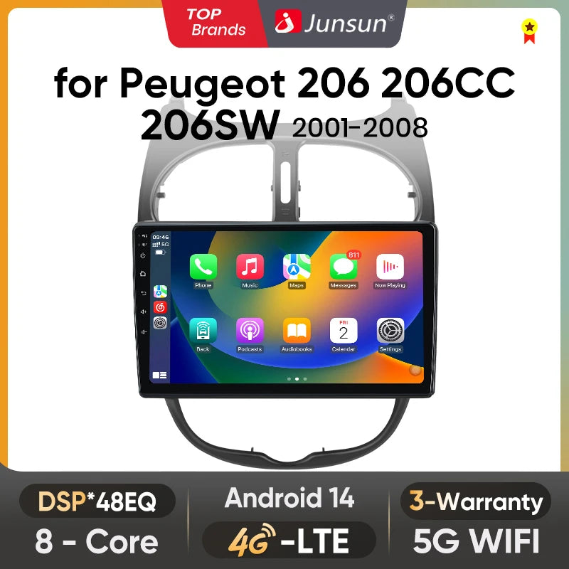 Junsun Android sans fil CarPlay Auto autoradio pour Peugeot 206 206CC 206SW 2001-2008 systèmes intelligents de voiture DSP SWC RDS GPS FM