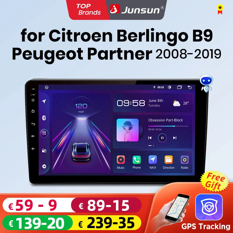 Junsun-Autoradio Android sans fil pour voiture, CarPlay, Cristaux, Berlingo B9, KIT Partner, 2008-2019, Limitation GPS, 2 Din