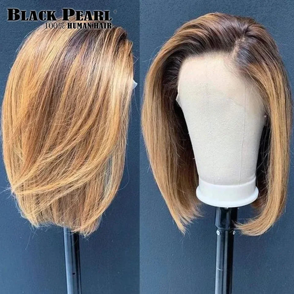 Perruque Bob Lace Front Wig sans colle naturelle Remy, cheveux courts, blond ombré, 13x6x2, pre-plucked, avec frange