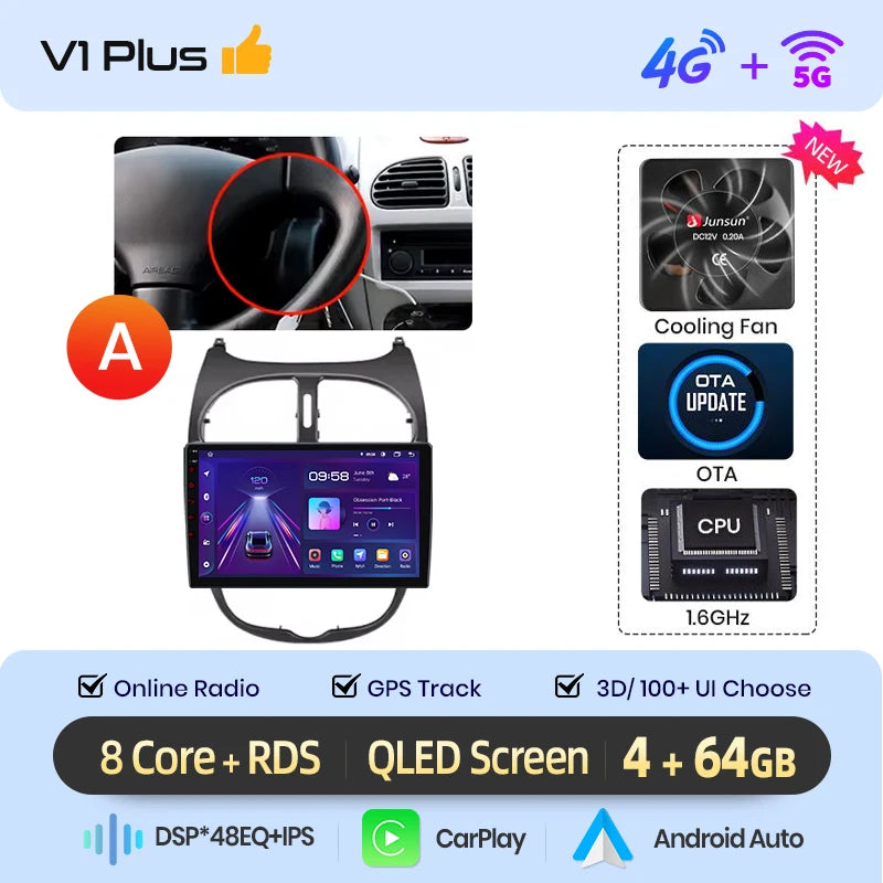 Junsun Android sans fil CarPlay Auto autoradio pour Peugeot 206 206CC 206SW 2001-2008 systèmes intelligents de voiture DSP SWC RDS GPS FM