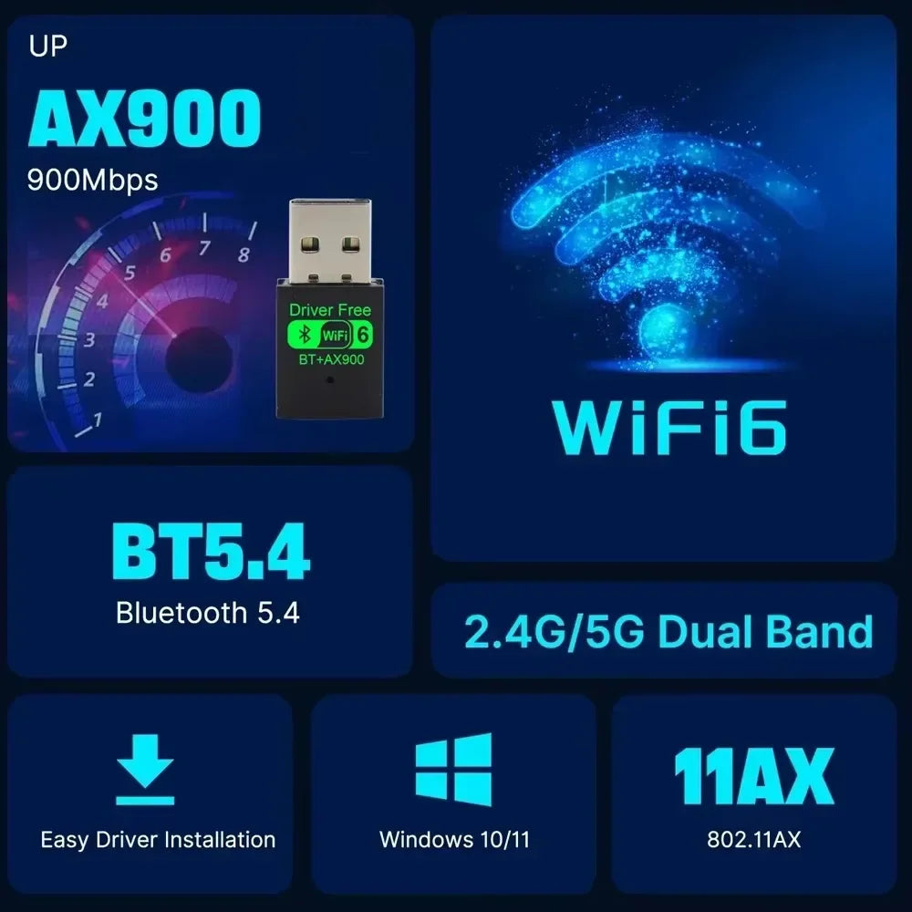 Wifi 6 Mini USB Dongle carte réseau BT 5.4 récepteur Dongle AX900 pour Win 10/11 PC double bande 2.4G/5Ghz