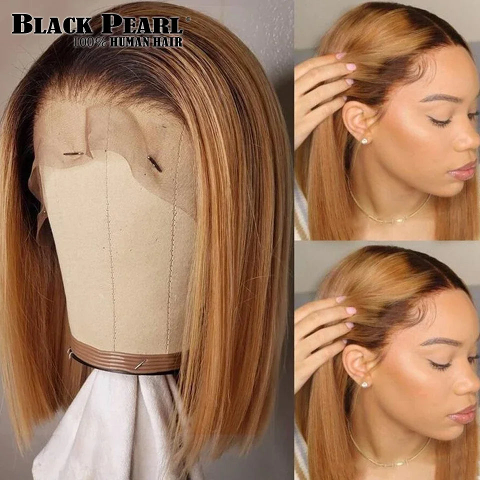 Perruque Bob Lace Front Wig sans colle naturelle Remy, cheveux courts, blond ombré, 13x6x2, pre-plucked, avec frange