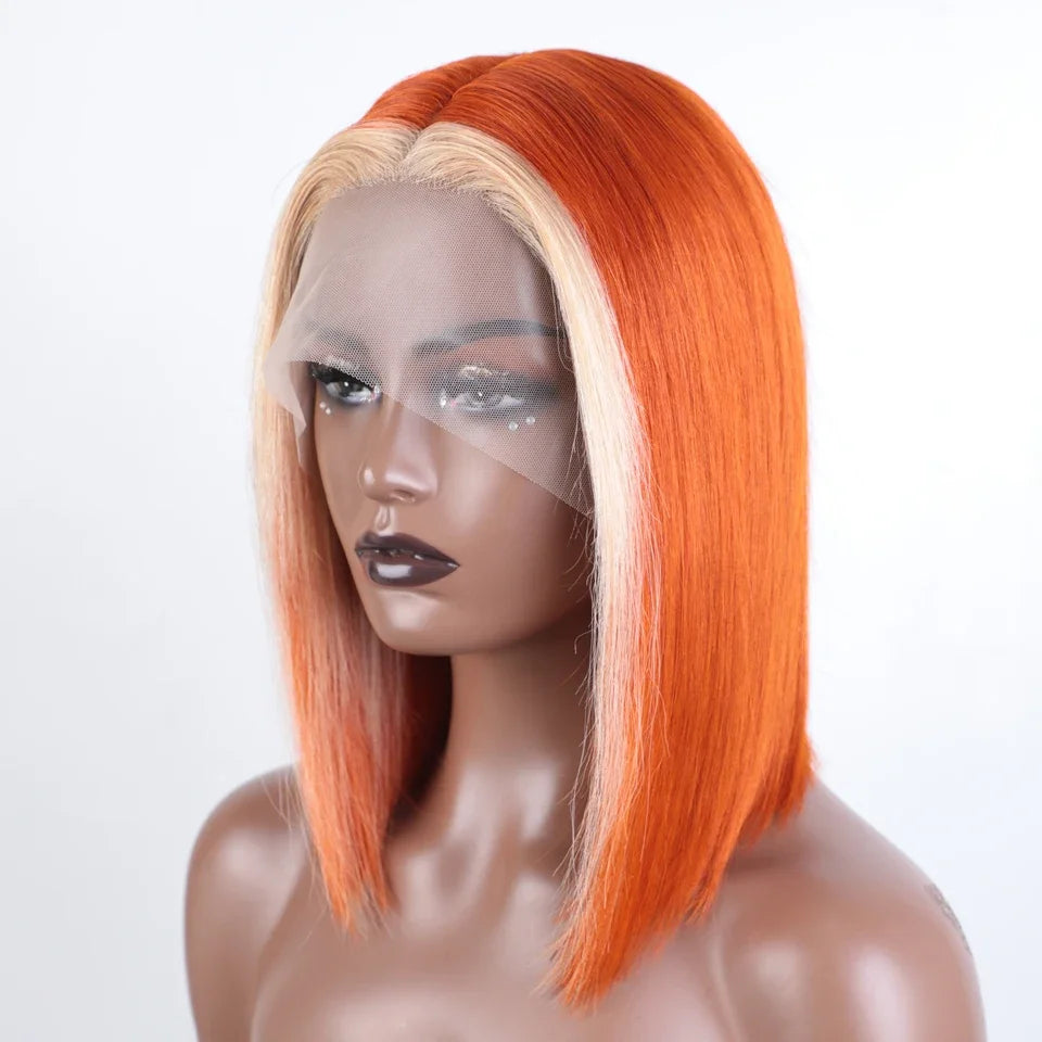 Perruque Bob Lace Front Wig sans colle naturelle Remy, cheveux courts, blond ombré, 13x6x2, pre-plucked, avec frange