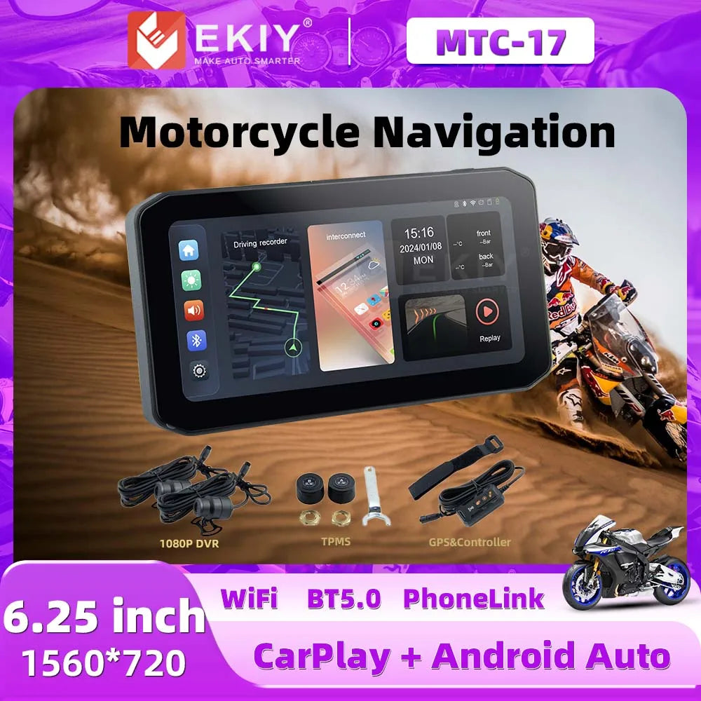 EKIY 6.25 "sans fil CarPlay Moto Android Auto Portable numérique Moto tableau de bord GPS Navigation écran d'affichage TPMS moniteur