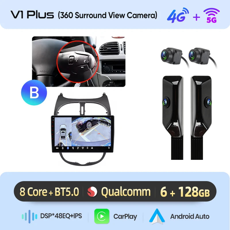 Junsun Android sans fil CarPlay Auto autoradio pour Peugeot 206 206CC 206SW 2001-2008 systèmes intelligents de voiture DSP SWC RDS GPS FM