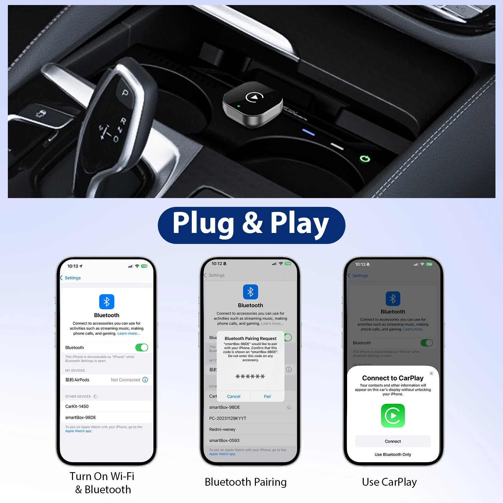 Adaptateur Carplay sans fil 2 en 1, convertit l'adaptateur carplay filaire vers sans fil pour iPhone, contrôle sans fil Plug & Play Carplay