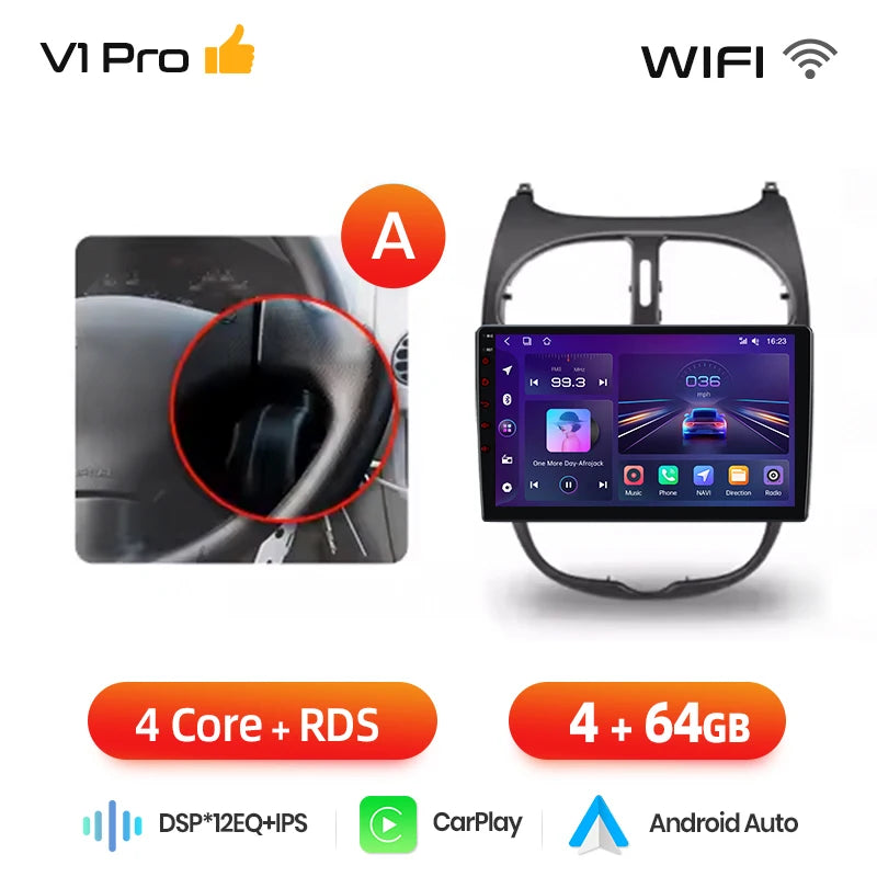 Junsun Android sans fil CarPlay Auto autoradio pour Peugeot 206 206CC 206SW 2001-2008 systèmes intelligents de voiture DSP SWC RDS GPS FM