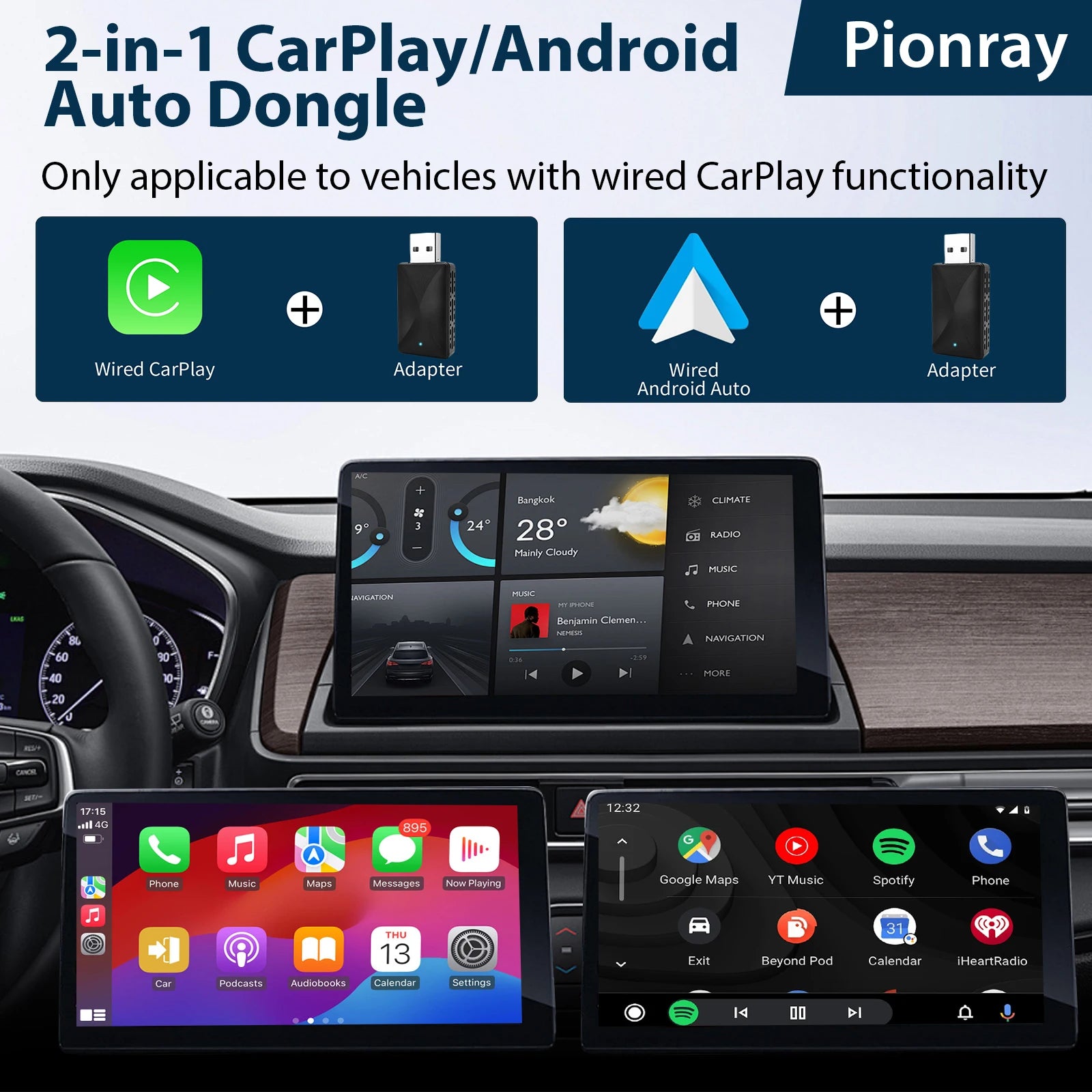 Adaptateur Carplay sans fil 2 en 1, convertit l'adaptateur carplay filaire vers sans fil pour iPhone, contrôle sans fil Plug & Play Carplay