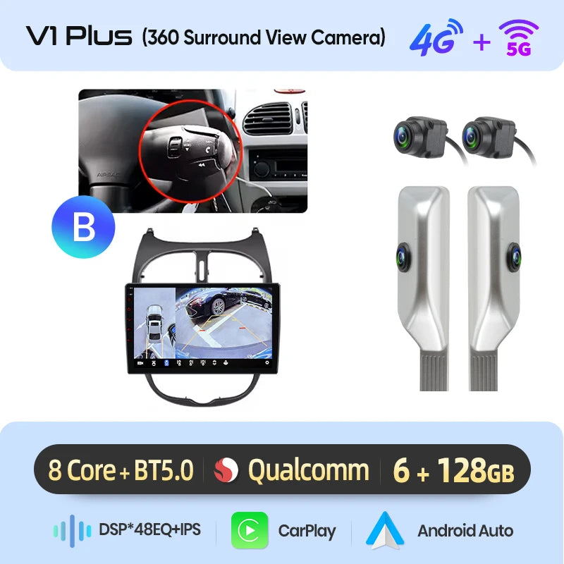 Junsun Android sans fil CarPlay Auto autoradio pour Peugeot 206 206CC 206SW 2001-2008 systèmes intelligents de voiture DSP SWC RDS GPS FM