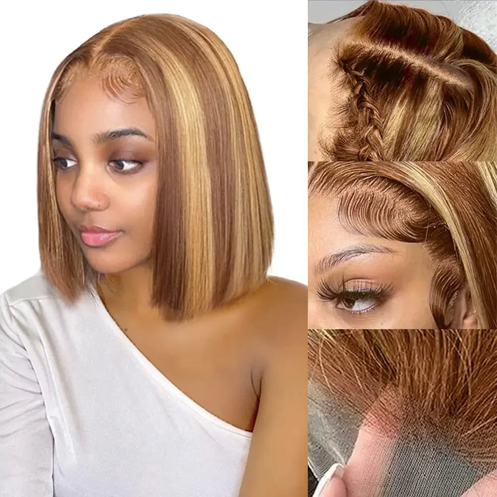 Perruque Bob Lace Front Wig sans colle naturelle Remy, cheveux courts, blond ombré, 13x6x2, pre-plucked, avec frange