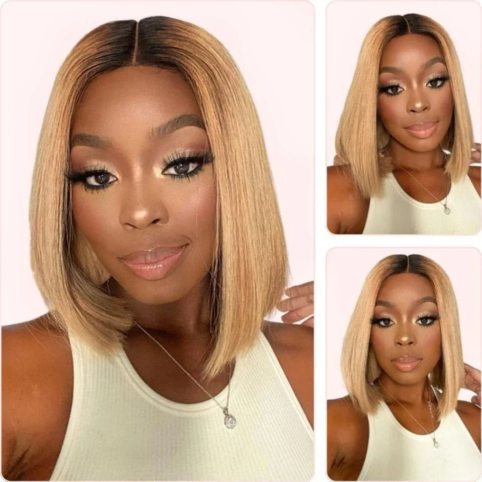 Perruque Bob Lace Front Wig sans colle naturelle Remy, cheveux courts, blond ombré, 13x6x2, pre-plucked, avec frange
