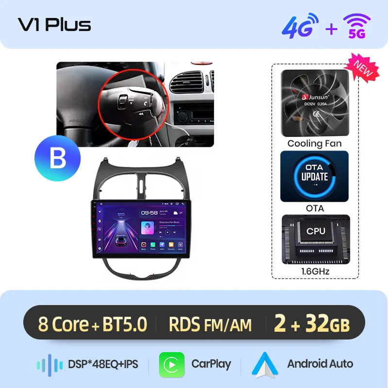 Junsun Android sans fil CarPlay Auto autoradio pour Peugeot 206 206CC 206SW 2001-2008 systèmes intelligents de voiture DSP SWC RDS GPS FM