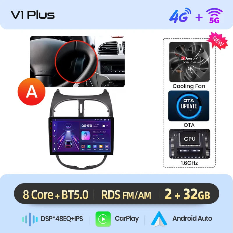 Junsun Android sans fil CarPlay Auto autoradio pour Peugeot 206 206CC 206SW 2001-2008 systèmes intelligents de voiture DSP SWC RDS GPS FM