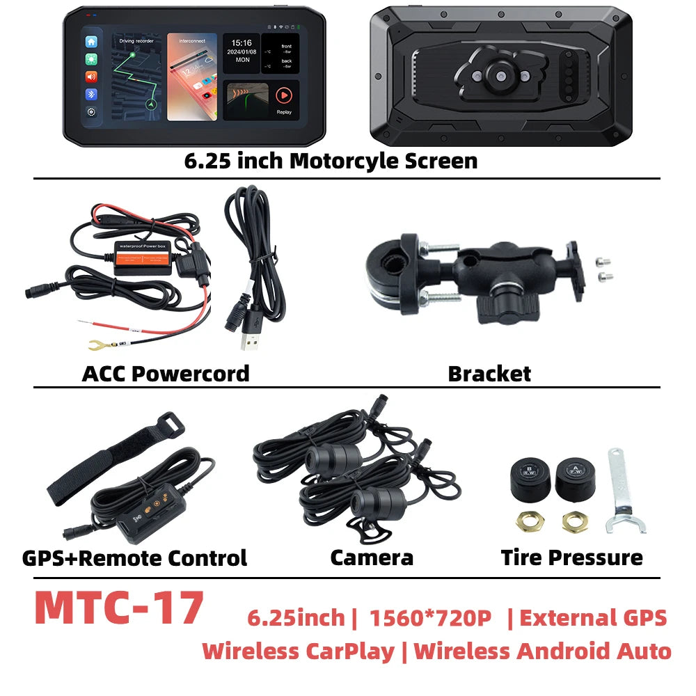 EKIY 6.25 "sans fil CarPlay Moto Android Auto Portable numérique Moto tableau de bord GPS Navigation écran d'affichage TPMS moniteur