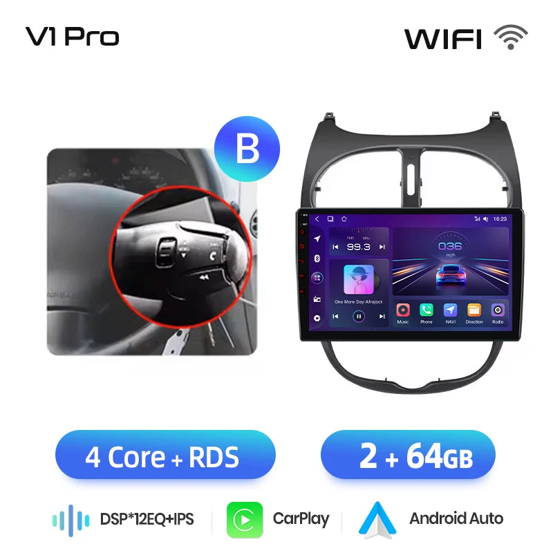 Junsun Android sans fil CarPlay Auto autoradio pour Peugeot 206 206CC 206SW 2001-2008 systèmes intelligents de voiture DSP SWC RDS GPS FM