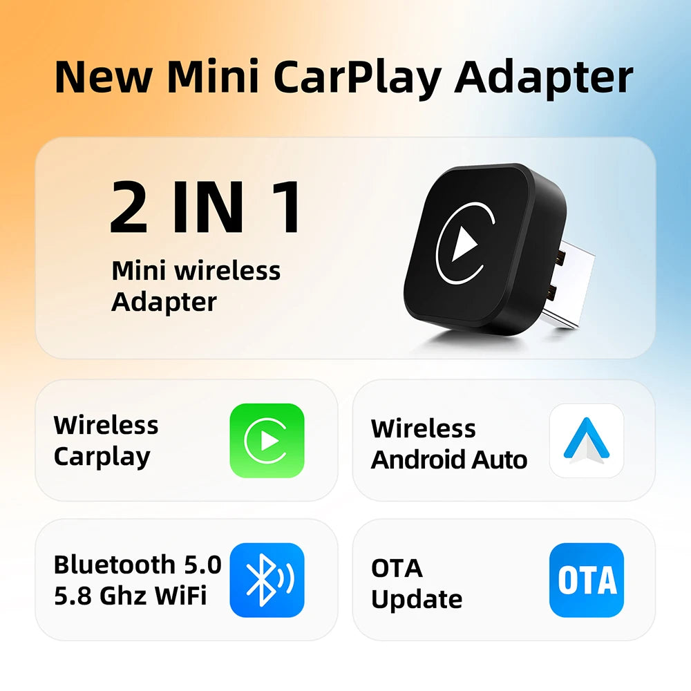 Adaptateur Carplay sans fil 2 en 1, convertit l'adaptateur carplay filaire vers sans fil pour iPhone, contrôle sans fil Plug & Play Carplay