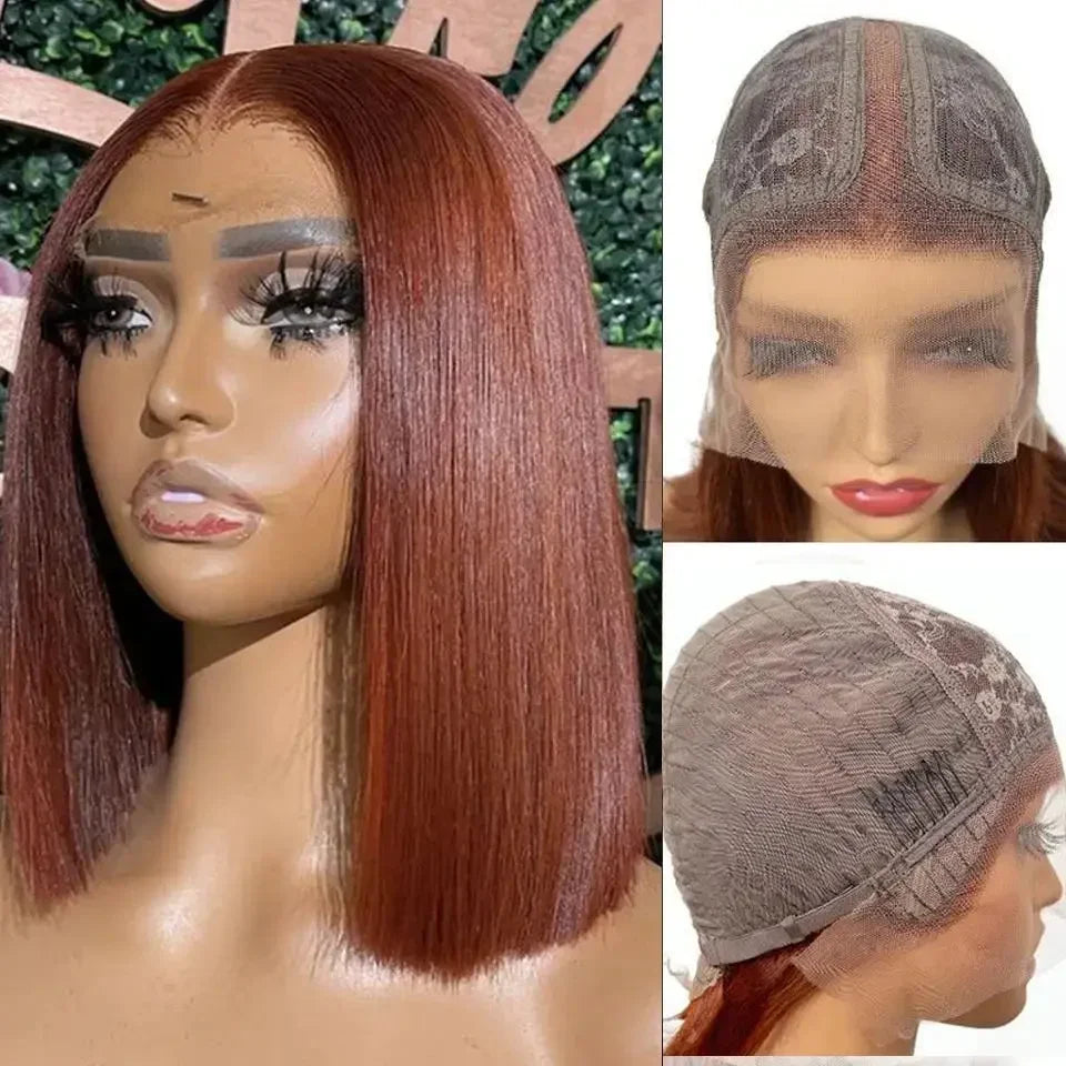 Perruque Bob Lace Front Wig sans colle naturelle Remy, cheveux courts, blond ombré, 13x6x2, pre-plucked, avec frange