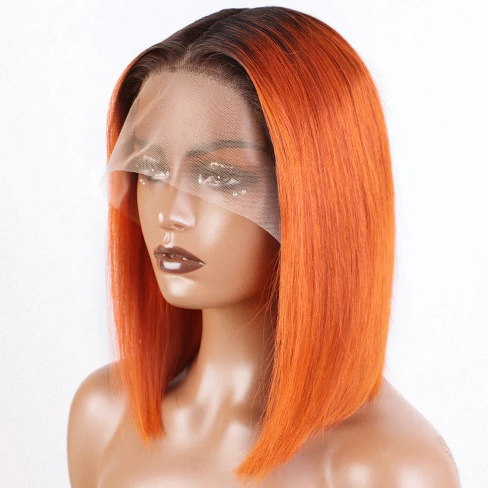 Perruque Bob Lace Front Wig sans colle naturelle Remy, cheveux courts, blond ombré, 13x6x2, pre-plucked, avec frange
