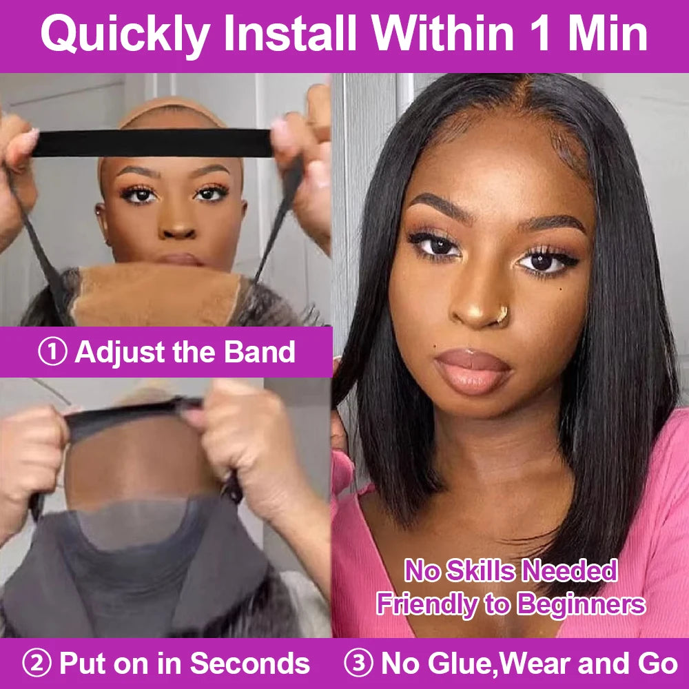 Perruques Bob de cheveux humains brésiliens sans colle HD perruque avant en dentelle sans colle os court perruque frontale en dentelle droite prête à porter 250 densité