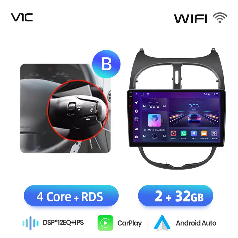 Junsun Android sans fil CarPlay Auto autoradio pour Peugeot 206 206CC 206SW 2001-2008 systèmes intelligents de voiture DSP SWC RDS GPS FM