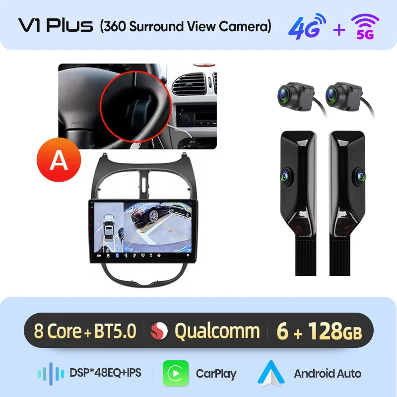 Junsun Android sans fil CarPlay Auto autoradio pour Peugeot 206 206CC 206SW 2001-2008 systèmes intelligents de voiture DSP SWC RDS GPS FM