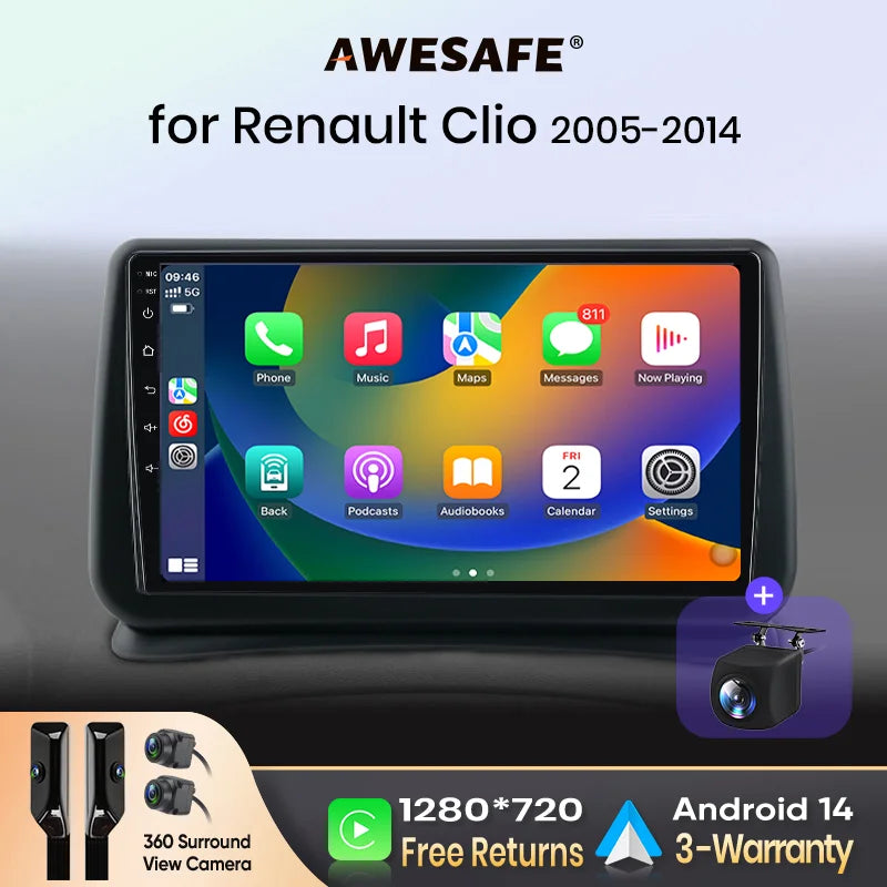 AWESAFE Carplay Voiture Autoradio Pour Renault Clio 3 2005-2014 2Din Android Auto Carplay Voiture Sans Fil Multimédia GPS Navigation Pour Clio 3 Accessories IPS RDS 4G 8-Core 8+256Go Systèmes Intelligents Auto stéréo 