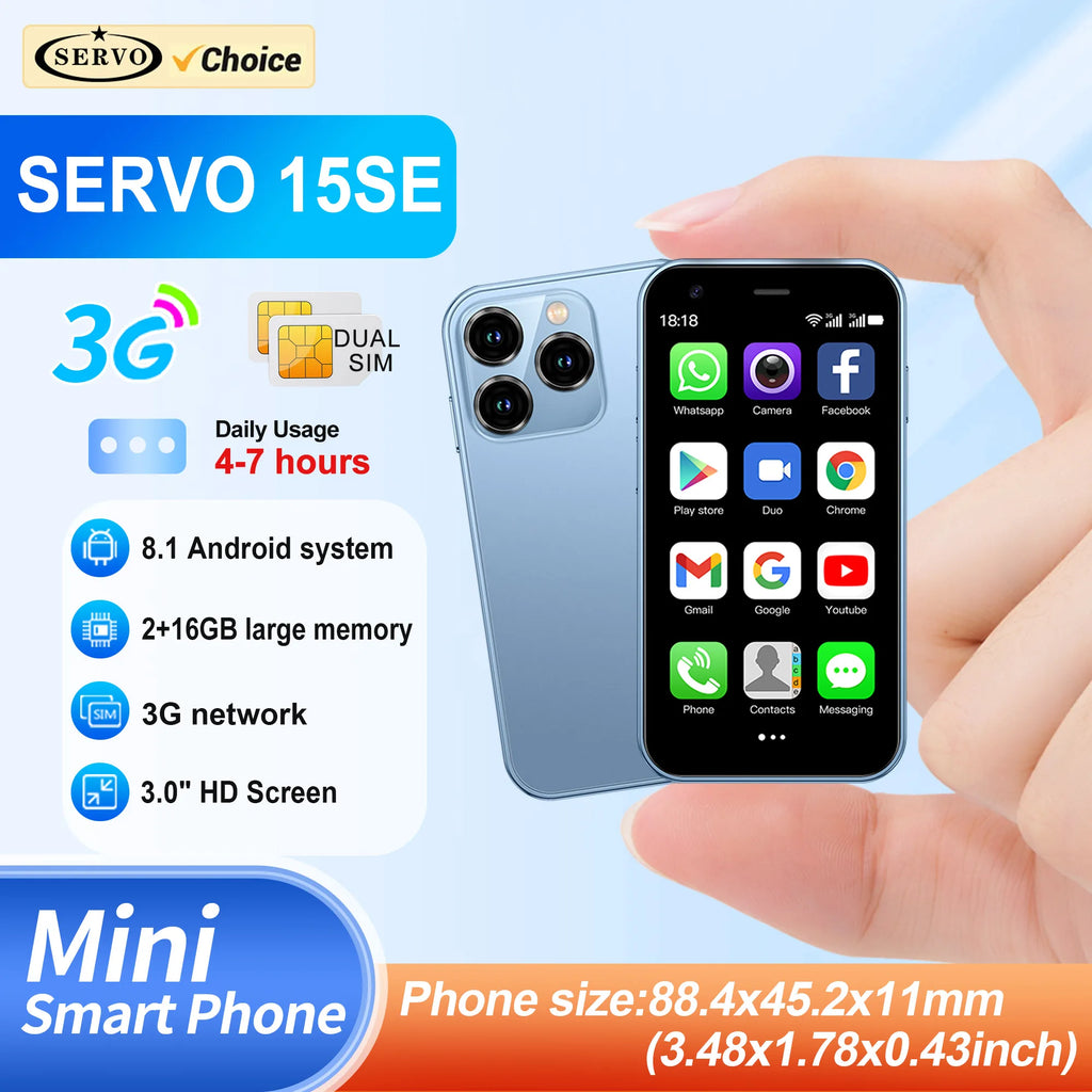 SERVO -Mini Smartphone 15SE, 3G WCDMA, Système Android, WiFi, Hotspot Play, PR3.0 ", Affichage, Petit Palmier, Matin, Touristes intelligents, EpiStandby